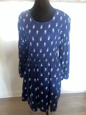 Blue Floral Smocked Long Sleeve Spring Boho Cottagecore Dress Sz Large